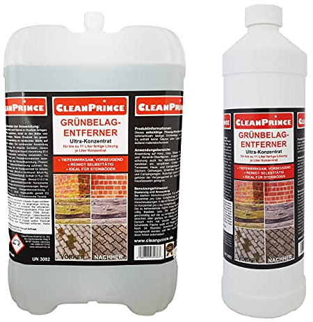 Cleanprince 6 x 1 Litros = 6 Frente 1000ML Alto Concentrado Suelos Verdes Retirar Eliminador Limpiador Musgo Algas Madera Cristal Hormigón Piedra Natural Mármol Placas 1 Fachadas Pasarelas Hof Terraza