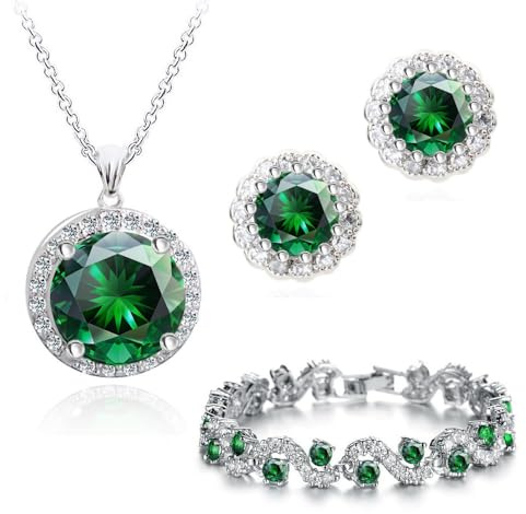 Crystalline Azuria Mujer 18ct Chapado en Oro Blanco Esmeralda simulada Verde Zirconia Juego de joyas Collar Pendientes Pulsera
