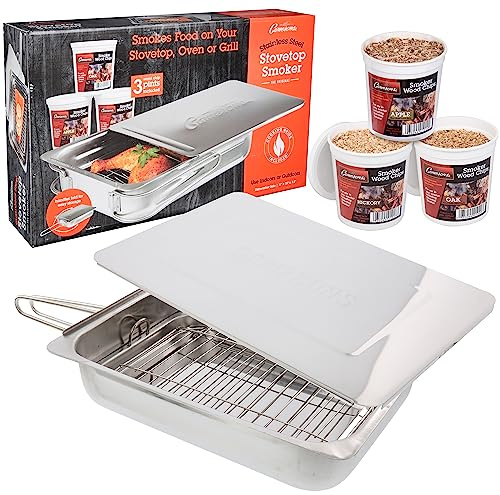 Camerons Stovetop Smoker - The Original Stainless Steel Smoker Value Pack with 3 Bonus Pints of Wood Chips,CAM_SMKW3PTS_C31-CA