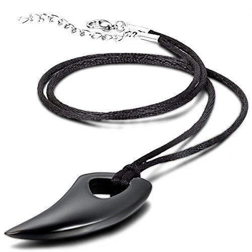 JewelryWe Stainless Steel Pendant Necklace Black Wolf Tooth Spear Tribal Men Adjustable Cord