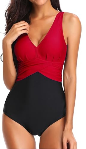 PANOZON Femme Une Pièce Maillot de Bain Bikini Push Up Bricolore Taille Grande Couleur Pure(EUR38-40(M), 1-Rouge)