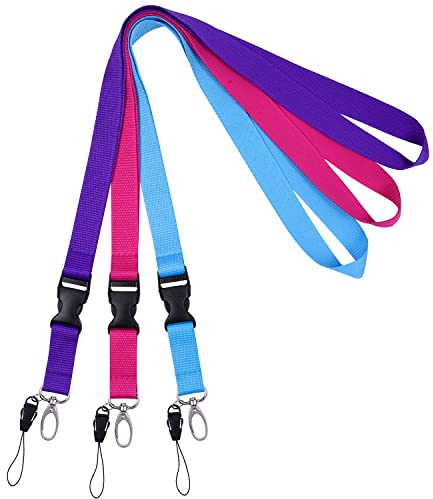 Wisdompro Office Lanyard, 3pcs 23 inch Premium Polyester Neck Strap Lanyard with Oval Clasp & Detachable Buckle for Phone, Camera, USB, Key, Keychain, Badge Holder-Purple/Hot Pink/LightBlue