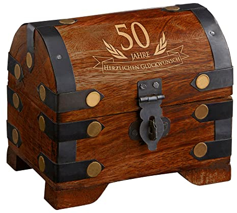 Casa Vivente Kleine Schatztruhe zum 50. Geburtstag, Schmuckkästchen mit Gravur, Aufbewahrungsbox aus dunklem Holz, Verpackung für Gutscheine, Geburtstagsgeschenk für Männer und Frauen