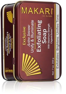Makari Exklusiv 7oz. Hautaufhellung & Peeling Seife mit Organiclarine™ - Fortgeschrittene aktive, intensive Aufhellungs-Behandlung für Dunkle Flecken, Akne-Narben, Sonnenflecken, Dehnungsstreifen