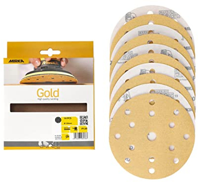 Mirka sanding discs Gold universal 150mm P120 10 pcs Hook & loop | Universal sanding discs with 15-hole hook & loop design for plaster filler chipboard wood varnish sanding tasks