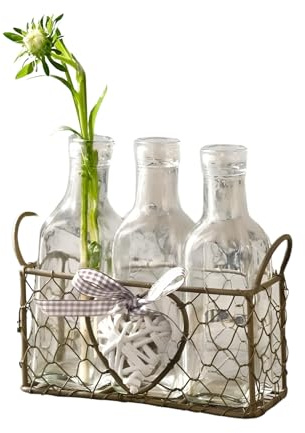 Dekoleidenschaft Drahtkorb Romance mit 3 Glasflaschen als Blumenvase, Tischdeko, Tischvase, Vasenkörbchen