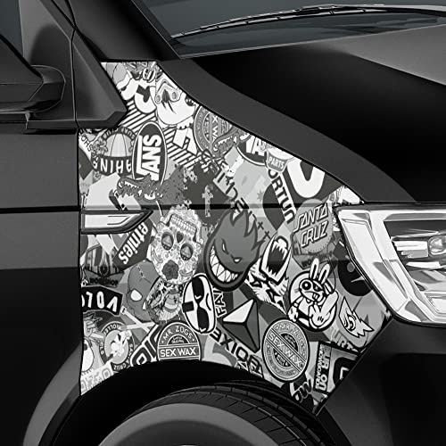 Auto-Dress Stickerbomb Auto-Folie mit Luftkanal-Technik für 3D Car-Wrapping (200x150cm, Design: Skate, Farbe: Schwarz-Weiß, Finish: Glanz)