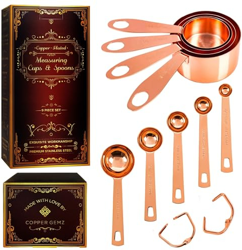 Copper Measuring Cups and Spoons Set of 9 - Premium Gift Packaging + Cooking Conversions Chart. Extra Sturdy Stainless Steel with Copper Finish, Satin and Mirror Polish. Gift Under 25 Dollars.