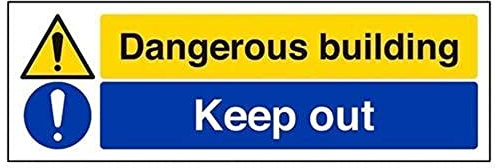 V Safety 67143AX-R Dangerous Building/Keep Out Warning Sign - Landscape - 300mm x 100mm - 1mm Rigid Plastic, Black/Blue/Yellow