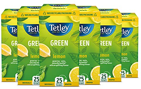 Tetley Lemon Green Tea Bags - Refreshing & Healthy Citrus Blend - Rainforest Alliance Certified - Plant Based Tea Bags - Perfect for a Relaxing Moment - 150 Teabags (6x25 Pack)