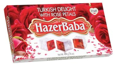Hazer Baba Turkish Delight Candy with Rose Petals, Gourmet Snack Box, Traditional, Vegan Snack, Turkish Lokum, Unique Sweets, Loukumi, Delicias Turcas, Halal, Kosher, 16oz (454g)