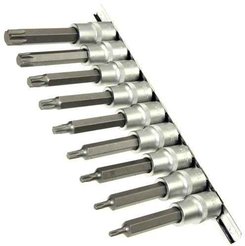 ALKAN 9-tlg. lange Innentorx-Einsätze (TX-Profil, 100 mm) T20, T25, T27, T30, T40, T45, T50, T55, T60 – 1/2-Antrieb, S2-Bit & Chrom-Vanadium-Stahl, auf Steckschiene – für Werkstatt & Fahrzeugwartung