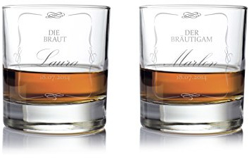 AMAVEL – 2er Set Whisky Gläser mit Gravur „Klassisch“ zur Hochzeit – Motiv Braut und Bräutigam – Personalisiert mit Wunschnamen und Datum – Hochzeitsgeschenke – Füllmenge: 320 ml