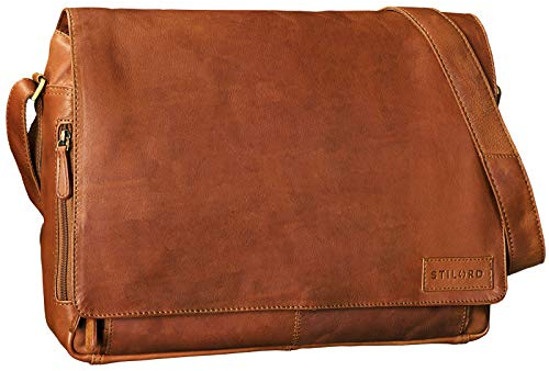 STILORD 'Rick' Schultertasche Leder für 15,6 Zoll Laptop Umhängetasche Aktentasche Bürotasche Unitasche Büffel-Leder, Farbe:cognac - braun