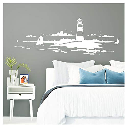 Grandora Skyline Küstenlandschaft Leuchtturm I weiß 90 x 30 cm I Bad Wohnzimmer Schlafzimmer Aufkleber Wandaufkleber Wandsticker Modern W974