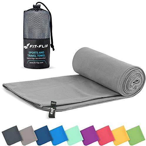 Fit-Flip Microfibre towel - compact, ultra lightweight & quick dry - perfect for gym, travel & beach - swimming towels for sports, camping & hiking (80x160cm grey + bag)