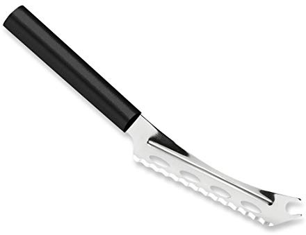 Rada Cutlery Cheese Knife (W239), 5.25 Stainless Steel Serrated Blade with Ridged Cutouts and Forked End, Black Handle