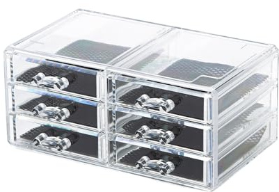 Caja de almacenaje para Joyas y Maquillaje con 6 Cajones. Color Transparente. Material: Poliestireno y Tela. Dim. 23.8 x 15 x Al. 11 cm. RAN6044