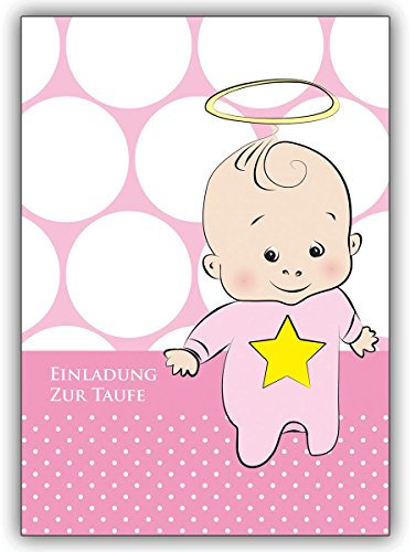 4er Set mit Umschlag: Süße Baby Tauf Einladungskarte für Mädchen mit Baby Girl und Heiligenschein • zauberhafte Baby Party Karte, Einladungs Klappkarte um Familie und Freunde einzuladen, individuelle Babykarte um mit der Familien zu feiern