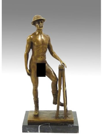 Kunst & Ambiente - Erotische Bronzeskulptur - Nackter Mann mit Hut und Stiefeln - signiert von M. Nick - Gay Skulptur - Männer Akt