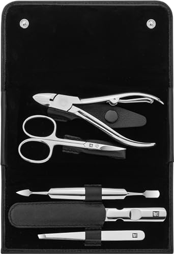 ZWILLING Set de manicura (5 piezas, cuidado de uñas y pedicura con estuche de piel auténtica con alicates para uñas), acero inoxidable pulido, negro