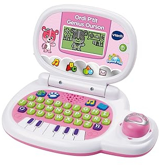 VTech - Ordi P'tit Genius Ourson Rose, Ordinateur Portable Enfant avec Écran Rétroéclairé, Souris, 10 Jeux Évolutifs, Jouet Éducatif, Cadeau Enfant de 2 Ans à 5 Ans - Contenu en Français