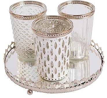 Jinfa 3er Set Windlichter Glas mit Spiegeltablett – Teelichthalter Kerzenglas für Wohnzimmer, Bad & Balkon – Dekoratives Kerzenhalter Set Antik Gold (ohne Kerzen)