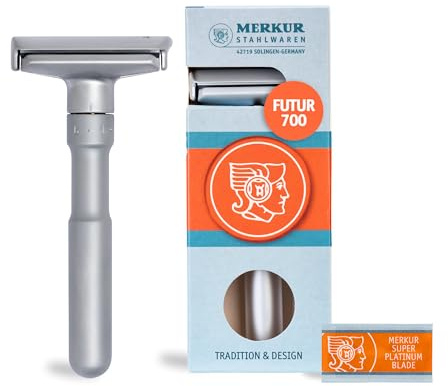 MERKUR Rasierhobel Futur 700 | Designklassiker Mattchrom | Zweiteiliger Rasierer mit geradem Schnitt | Ideal für Nassrasur | Zinkdruckguss | Messing Griffstück | Made in Germany