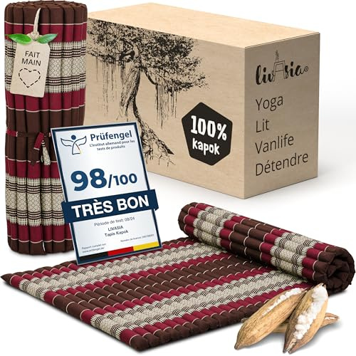 livasia Rollmatte Rollmatratze L-200x110x4,5cm, Gästebett Gästematratze 1 Person, Reisebett Kofferraum Outdoor, Thaimatte Kapok, Garten Balkon handgefertigt rubinrot