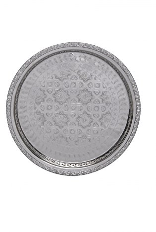 Bandeja oriental redonda hecha de latón Nadia 32cm - Bandeja de té marroquí en el color plata - Decoración oriental en la mesa de servicio