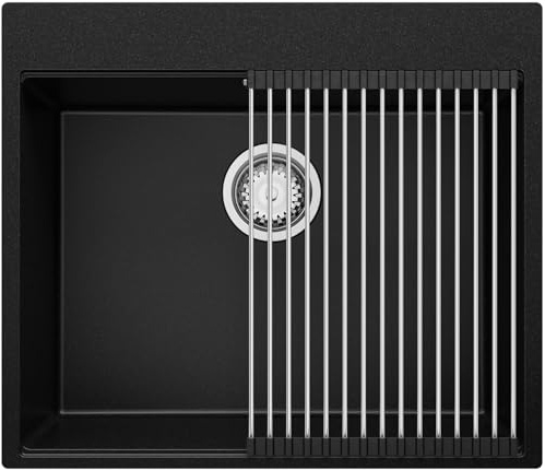 PRIMAGRAN Spülbecken ab 60er Unterschrank + Ablauf-Set, 58x50cm | Set: Ablauf-Set (Siphon, Ablaufgarnitur, Überlauf) + Abtropfmatte + Granitspüle 1 Becken - Oslo Top, Schwarz