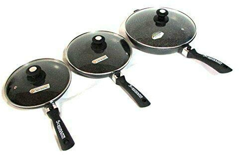 Schumann Professionnel - Lot 3 Poêles Moove Revêtement en Pierre - Compatibles Tous feux dont Induction - Fonte d'Aluminium Sans PFOA - Manches Amovibles en Silicone - Couvercles Inclus - 20/24/28cm