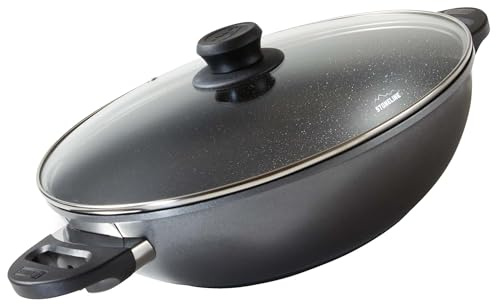 STONELINE Poêle Wok 32 cm, avec Couvercle en Verre, Compatible à l'Induction et au Four, Revêtement Antiadhésif avec de vraies particules de pierre, Gris