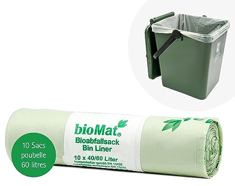 bioMat Sacchetti per la Spazzatura 60l Compostabili, 10 Sacchi per Bidone dell’ Umido, Bidone per Rifiuti Residui, Qualità Premium, Neutrali dal Punto di Vista Climatico, Made in Germany