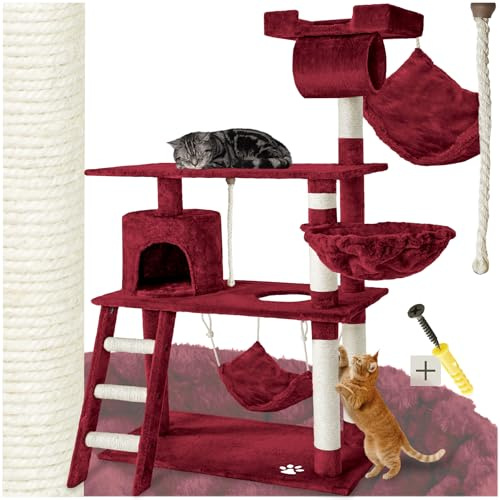 tectake Arbre à Chat Hauteur 141 cm Griffoir Maison Chat Interieur Jeux Appartement avec Grattoir Rampe Tunnel Panier Echelle Lit - Gris
