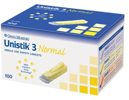 Unistik 3 Normal Safety Lancets - Box of 100
