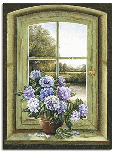 ARTLAND Wanddeko Leinwand Bilder Wandbild Stillleben Arrangements Botanik Malerei Grün A7BK Hortensien am Fenster