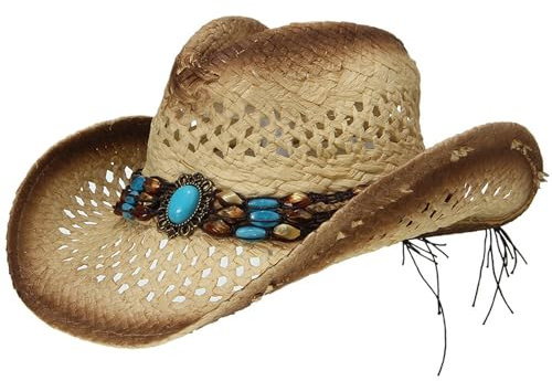 EOZY Women's Straw Cowboy Hat Bend Brim Fedora Hat Sun Beads Decorates Hollow Out Cowgirl Sun Hats for Beach Outdoor Brown