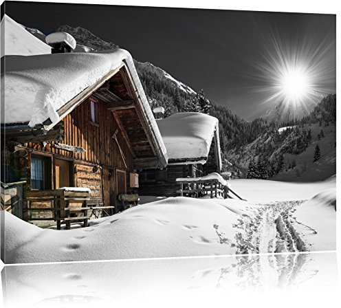 Pixxprint wunderschöne verschneite Alpenhütten B&W, Größe: 80x60cm, Leinwandbild, fertig gespannt, Wandbild, Dekoration, Kunstdruck, kein Poster