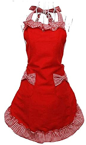 Miya® süße Prinzessin rot Küche Schürze Grillschürze mit rot & weiß Karo Muster kariert Schleife und Taschen aus Baumwolle, süßes Gechenk für Mutter, Frau, Freundin, Tochter, Schwester usw.