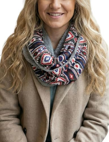 Sunsa Damen Winter Loop Schal Warmer weichem Fleece Schlauchschal Rundschal Teddyfutter (grau) | Schlauchschal mit weicher Fütterung in grau und bunt. Rundschal Halstuch für Herbst in Azteken Design