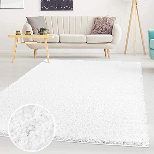 carpet city Shaggy Teppich Hochflor Langflor Einfarbig Uni Weiß Weich Flauschig Wohnzimmer, Größe: 150 x 150 cm Quadratisch