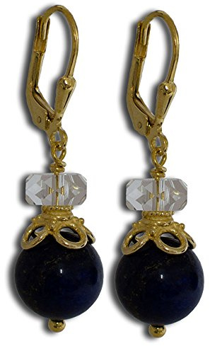 I-be, Bergkristall Lapis Lazuli Edelstein Ohrringe mit Krone 925 Silber vergoldet, Länge 3,8 cm im Geschenketui, 382507S1129SG