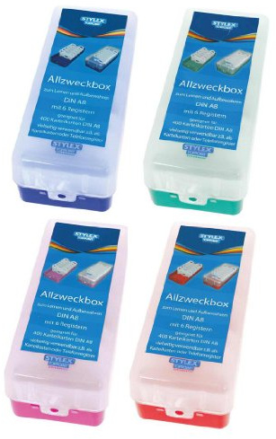 6x Lernbox Karteikasten DIN A8 blau, rot, grün, pink