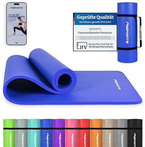 MSPORTS Gymnastikmatte Premium – rutschfeste Fitness- & Yogamatte | Hautfreundlich - inkl. Tragegurt, Übungsposter & Workout-App - 190 x 100 x 1,5 cm - Königsblau