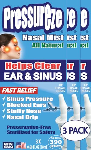 Pressureze All Natural Preservative-Free Sterile Nasal Spray - Fast Relief Nasal Spray - for Sinus Allergies, Loud Snoring & Congestion | 130 Sprays, 18 ml (Pack of 3)