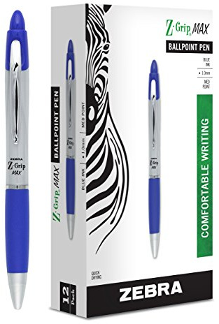 Zebra Pen, Z-Grip MAX Retractable Ballpoint Pens, Blue Ink, 1.0mm Medium Point, Wide Barrel with Comfortable Grip, Silver Barrel, Metal Clip, 12-Count, (22420)