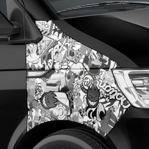 Auto-Dress® Stickerbomb Auto-Folie mit Luftkanal-Technik für 3D Car-Wrapping | Mit Marken & Logos, JDM Kfz Aufkleber (100x150cm, Design: Special, Farbe: Schwarz-Weiß, Finish: Matt)