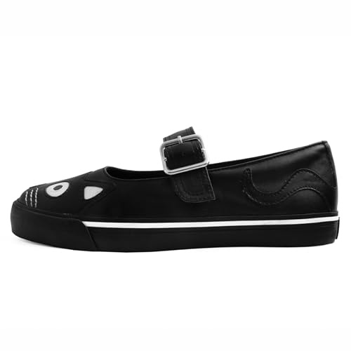 T.U.K. Shoes Kitty Face Black Mary Janes for Women | Lolita Flats Fashion Sneakers Goth Shoes | US Women 6