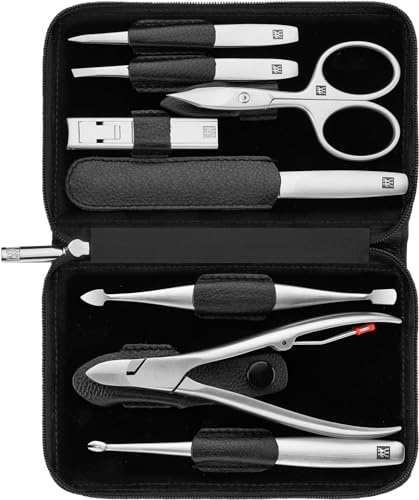 ZWILLING Set de manicura (8 piezas, cuidado integral de las uñas y pedicura, tamaño de viaje, estuche de piel auténtica con cremallera), Premium, Negro